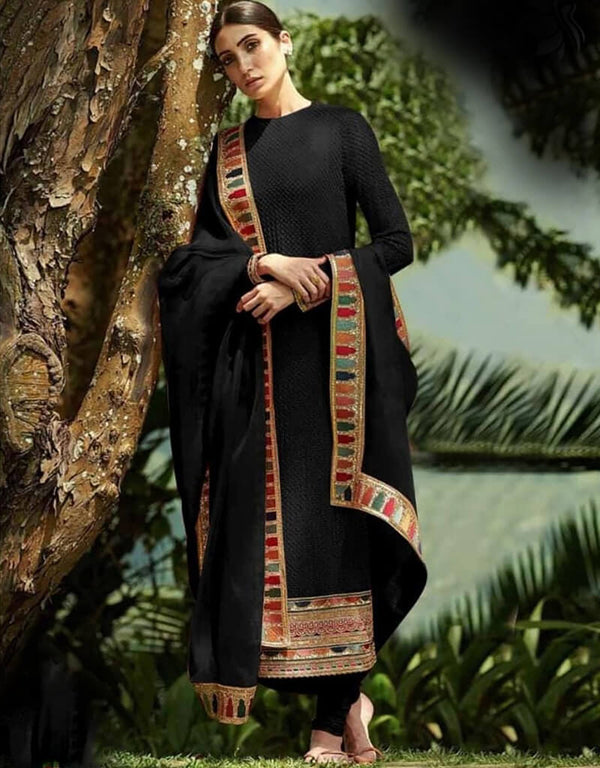 Black Pant style Straight Faux Georgette Salwar Kameez in Sequins Embroidery & Lace Work